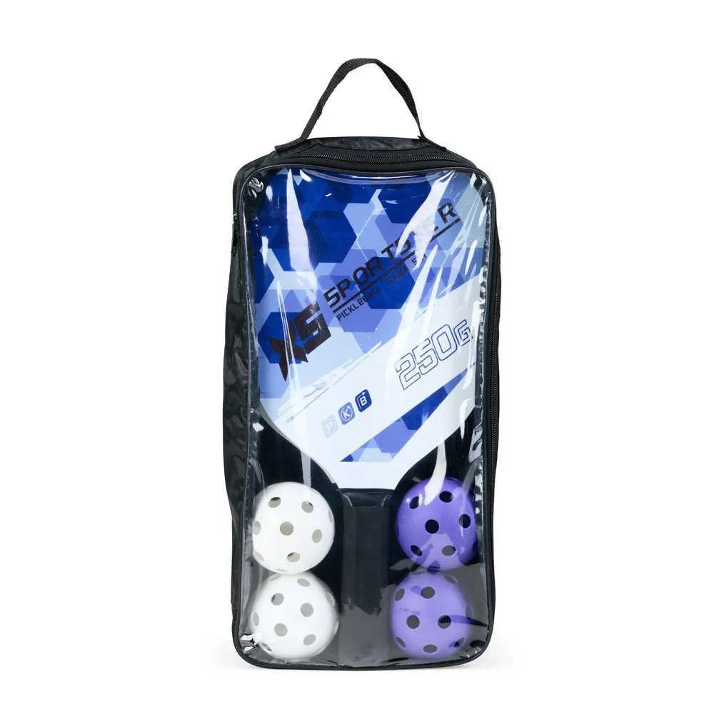 [Descrição: Kit Pickleball com duas raquetes de madeira (sendo uma face personalizada e outra lisa) com grip composto em fibras de carbono e vidro e quatro bolas plástica com 26 furos. Acompanha bolsa de nylon com alça de mão e visor plástico transparente.  Altura :  38 cm  Largura :  18,5 cm  Profundidade :  5,5 cm] 09167 Kit Pickleball 6 Peças